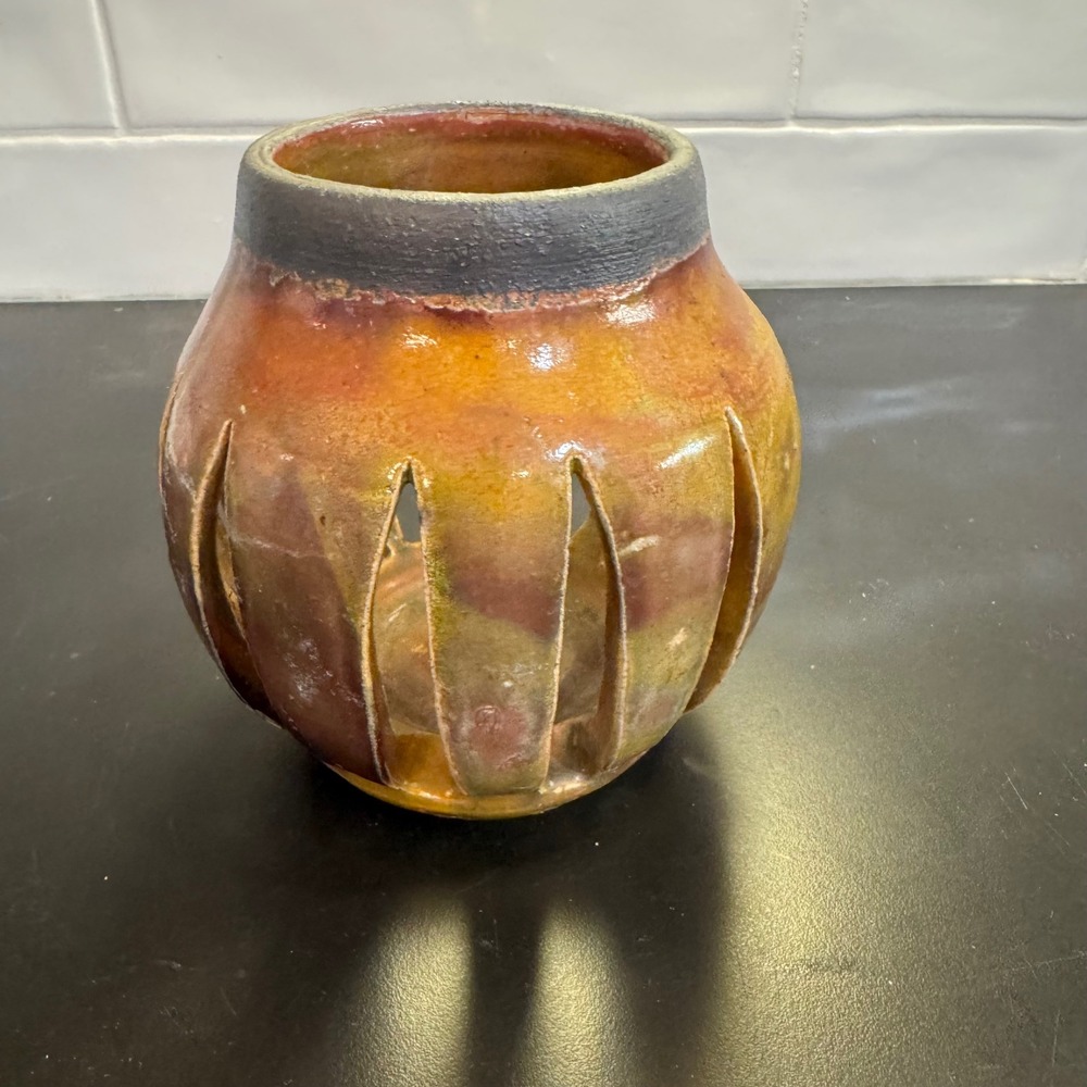 Studio Pottery Candle Holder Earth Tones Signed Artisan Slotted Vase